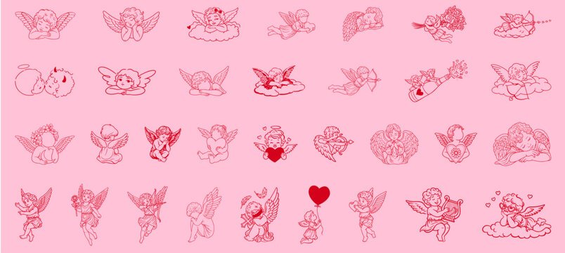 Hand Drawn Cupid and Angels Set for Valentine&rsquo;s Day, Romantic Cherubs with Roses and Bouquets, Flying and Sleeping Cupids with Love Arrows and Bows, Heart and Cross, White Doves