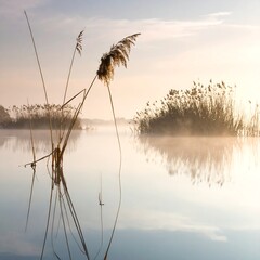 Misty lake reflects tall reeds at dawn. Soft light and diffused colors