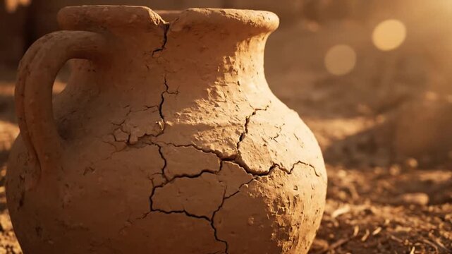 Cracked clay pot in rustic style on dry ground in warm sunlight, earthy colors, The life of biblical times, households concept