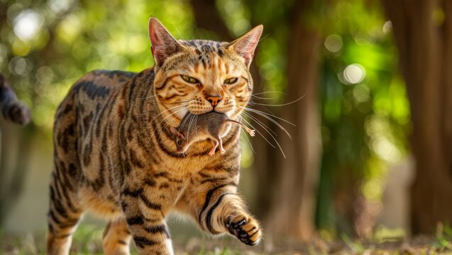 Natural Outdoor Scene of a Bengal Cat Carrying a Mouse in Its Mouth Highlighting Predatory Legacy Instinctive Purpose and the Cycle of Life in Nature.
