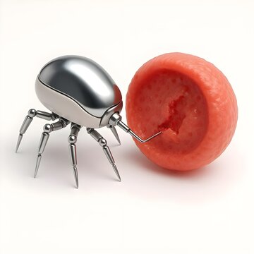 Futuristic Metallic Medical Nanobot Repairing a Red Blood Cell Isolated on White Background