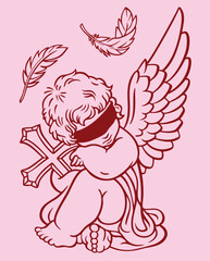 Fototapeta premium Hand Drawn Fallen Angel with Christian Cross Blindfold and White Feathers Symbol of Faith Sacrifice and Spiritual Love on Valentine’s Day