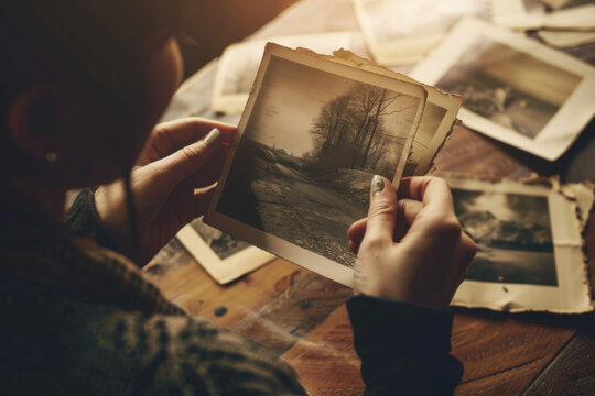 Personne feuilletant de vieilles photographies anciennes, souvenirs de famille et nostalgie, collection de portraits vintage sur table en bois, m&eacute;moire et h&eacute;ritage familial