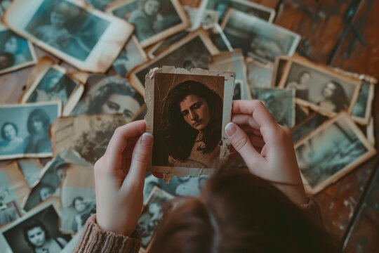 Personne feuilletant de vieilles photographies anciennes, souvenirs de famille et nostalgie, collection de portraits vintage sur table en bois, m&eacute;moire et h&eacute;ritage familial