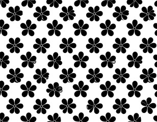 Fototapeta premium Black, stylized five-petal flowers arranged on a white background, creating a repeating pattern. The flowers are uniformly sized