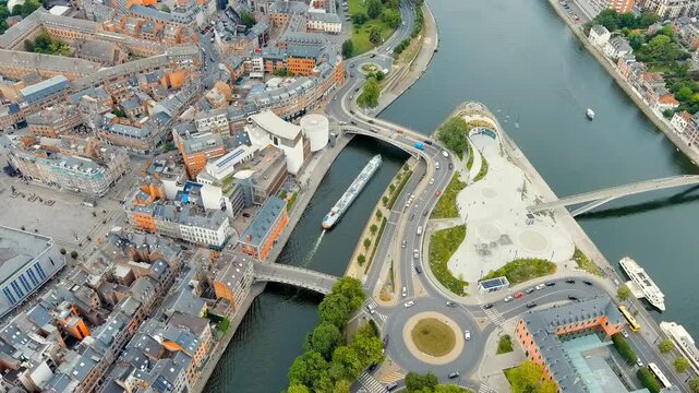 Namur, Belgium. The arrow at the confluence of the Sambre and Meuse rivers. Tanker Barge. Drone footage