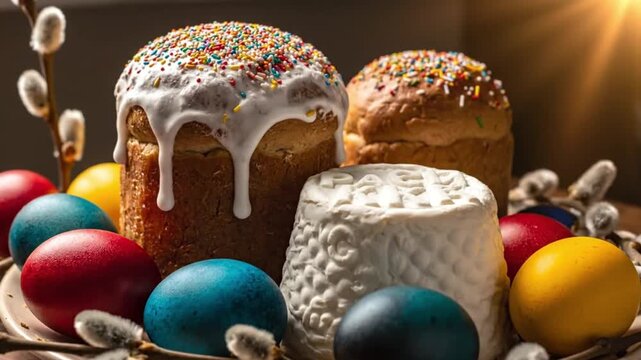 A festive arrangement of traditional Easter cakes and colorful eggs. The scene includes three cakes with icing and sprinkles, surrounded by vibrant eggs and pussy willow branches.