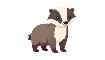Fototapeta premium Cartoon illustration of a badger with brown and white fur, standing upright and smiling on a blank white backdrop