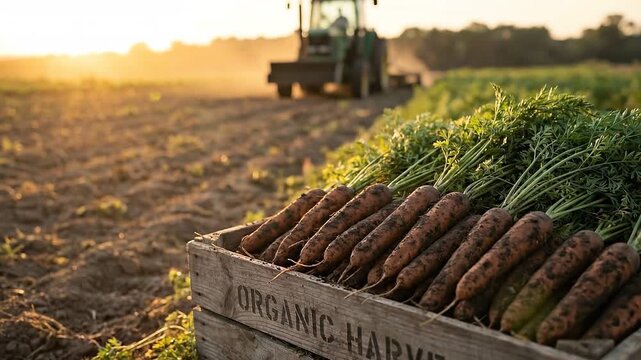 Rustic Wooden Crate of Freshly Harvested Danvers Carrots in Farm Field