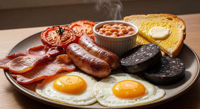  Hot full breakfast closeup with sunny side eggs, sausages, beans, bacon, grilled tomato, toast, and black pudding
