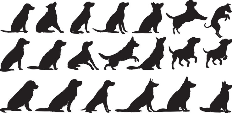 Vector illustration set of dog silhouettes designed as clean solid black shapes suitable for illustration use.