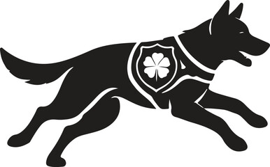 Obraz premium Saint Patrick’s Day Dog Silhouette Vector with Shamrock Shield, Irish Holiday Symbol Running Dog Illustration Isolated on White Background