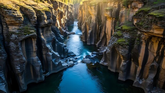 Serene River Flowing Through Deep Canyon.