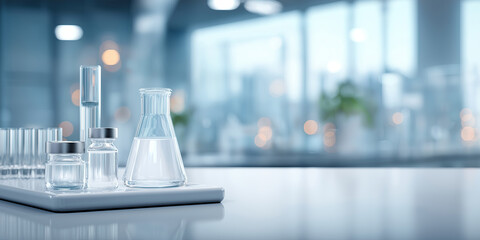 A bright, modern laboratory bench with various glassware and vials, showing a sterile research environment.
