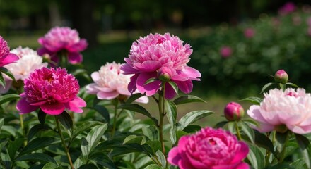 Fototapeta premium Close-up of vibrant pink and white peonies in bloom with green leaves and blurred background