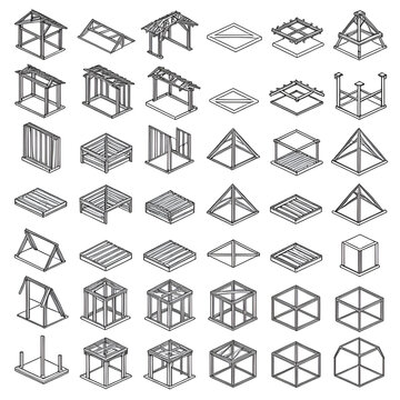 Framing Structure Icons. Outline icon set of framing structure: wall stud, roof truss, floor joist, ridge beam, metal bracket,