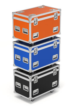 Multi-colored flight cases on white background - 3D illustration