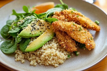 Fototapeta premium Healthy eating concept. Quinoa bowl with avocado, egg, crispy tofu, and microgreens, sprinkled with sesame seeds, natural light.