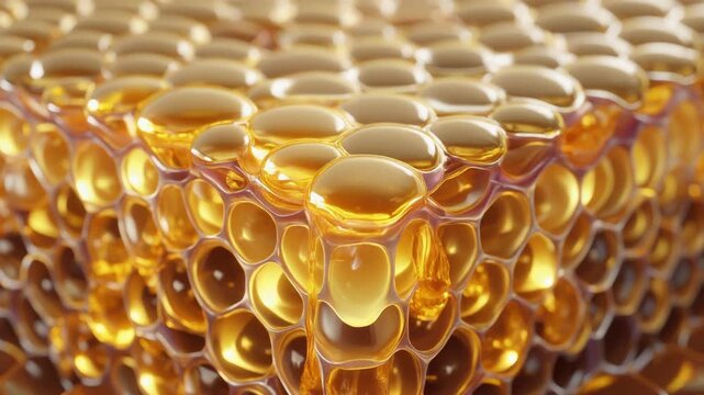 Exploring a 3D honeycomb structure with golden liquid, detailed hexagon texture, soft lighting, depth and warm glow from a close-up viewpoint