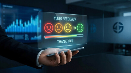 Fototapeta premium Digital customer feedback interface with satisfaction rating scale on transparent screen