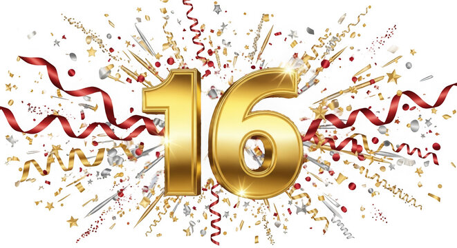 Golden number sixteen with festive decorations on a white background. isolated on transparent background