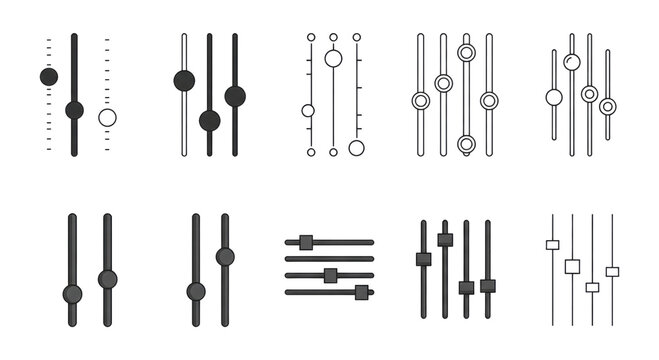 Set of twelve black and gray audio mixer slider and equalizer fader icons in various vertical and horizontal styles