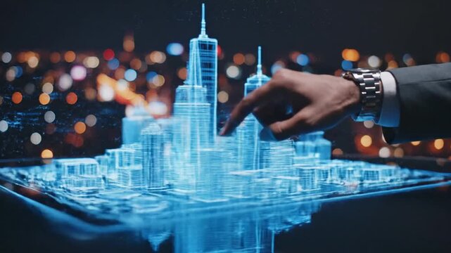 Business person's hand touching a futuristic holographic city model against blurred urban lights at night