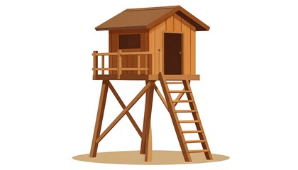 Cartoon-style wooden structure on stilts with a ladder, featuring a small door and window, set on a plain background