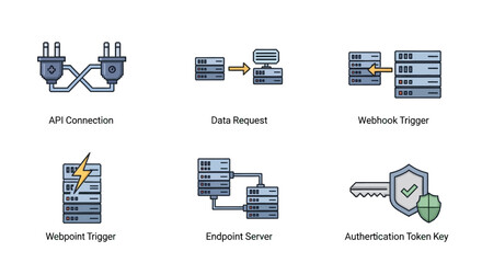 Collection of Flat Design Icons Representing API Connection, Data Request, Webhook Trigger, Webpoint Trigger, Endpoint Server, and Authentication Token Key for Technology and Business Concepts