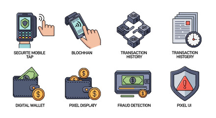 Secure digital transactions and financial management with a comprehensive set of fintech icons