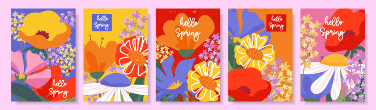 Colorful spring cards with a floral pattern. A vibrant botanical design for a holiday, invitation, or seasonal greeting. Floral background.