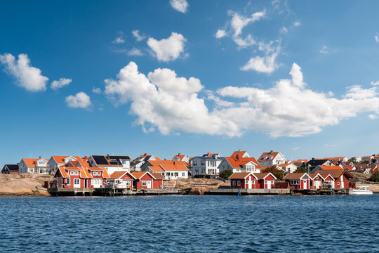 Waterfront houses along rocky coast of Fisket&aring;ngen in Kungshamn, Bohusl&auml;n Archipelago, west coast Sweden
