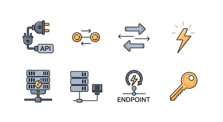 Set of eight vector icons representing technology and connectivity, including API, servers, and endpoints