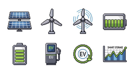 Renewable energy sources and storage solutions, including solar panels, wind turbines, electric vehicle charging, and battery technology