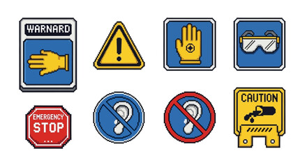 Comprehensive vector illustrations of industrial safety and warning signs for workplace hazard communication, personal protective equipment requirements, and emergency procedures