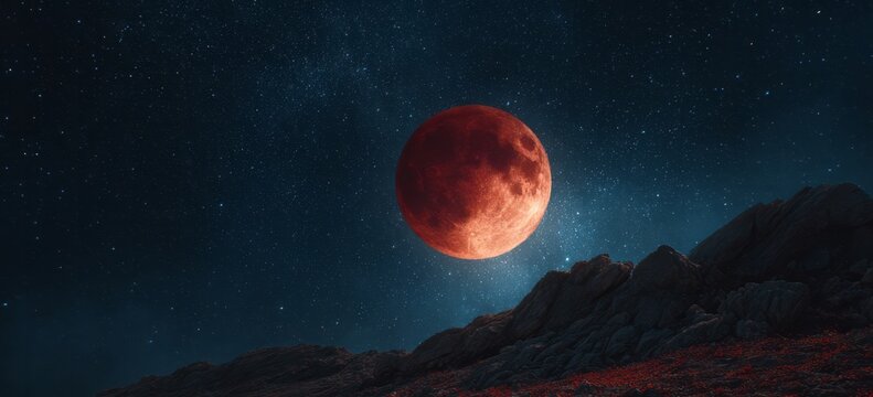 Blood moon rising over rocky mountain landscape at night