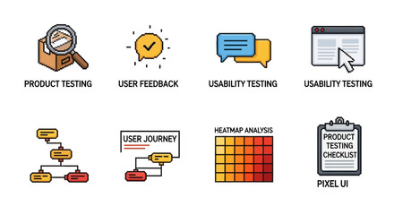 Comprehensive set of flat line icons representing user experience design, product development, usability testing, and feedback analysis processes for digital products and services