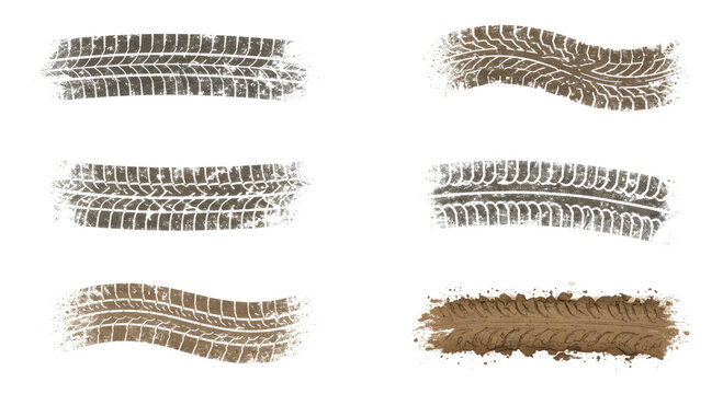 Set of six grunge tire track impressions and mud smudges in black and brown with varied tread patterns, curved and straight strokes on a transparent background