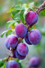 Ripe purple plums hanging on tree branch, vertical