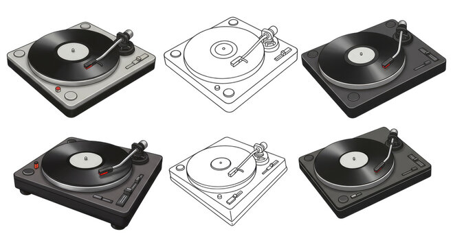 Six illustrated vinyl turntables and record players in colored and line-art styles, shown from varied angled perspectives with tonearms, platters, and stylus details