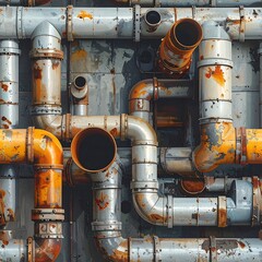 Tangle of rusty pipes, weathered and industrial, filling the frame with complexity and texture