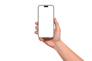 Hand holding smartphone mockup with blank screen isolated on transparent background. Mobile phone with empty display for copy space.