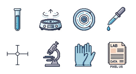 Set of pixel art icons representing laboratory equipment and supplies, including scientific tools and safety gear