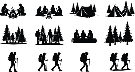 Camping adventure silhouettes set, hikers tents campfire forest outdoor activities isolated on white background vector © Jomila
