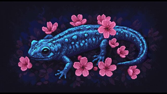 A blue salamander surrounded by pink flowers on a dark background