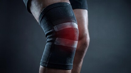 Close-up of knee joint subtly highlighted red, medical pain-performance crossover