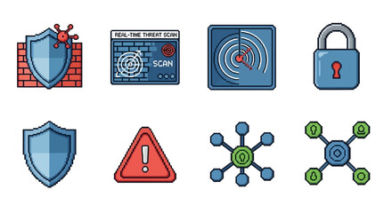 A comprehensive collection of digital cybersecurity icons representing network protection, threat detection, data security, and warning alerts for modern technology concepts