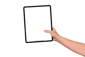 Hand holding modern tablet mockup with blank screen isolated on transparent background. Tablet PC with empty display for copy space.