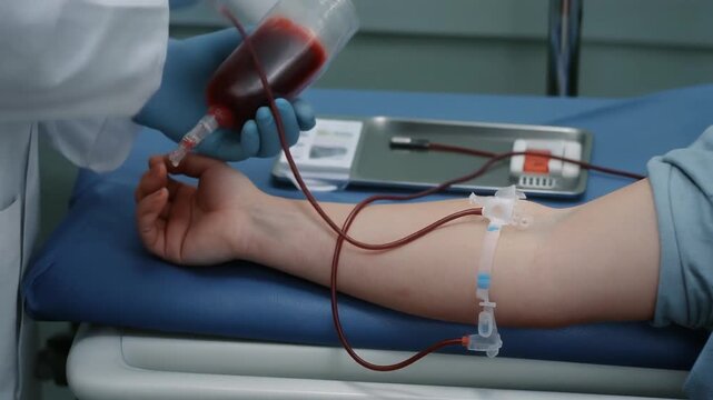 Medical procedure shows a medical professional administering a blood transfusion to a patient