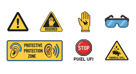 Safety signs and icons representing personal protective equipment, warnings, and hazard alerts for various environments